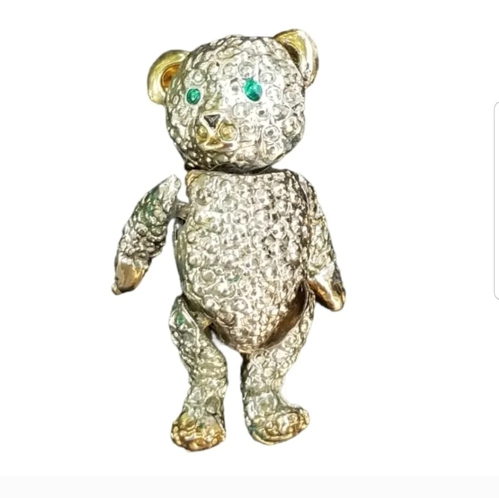 VINTAGE GOLD & SILVERTONED ARTICULATED TEDDY BEAR BROOCH/ PENDANT